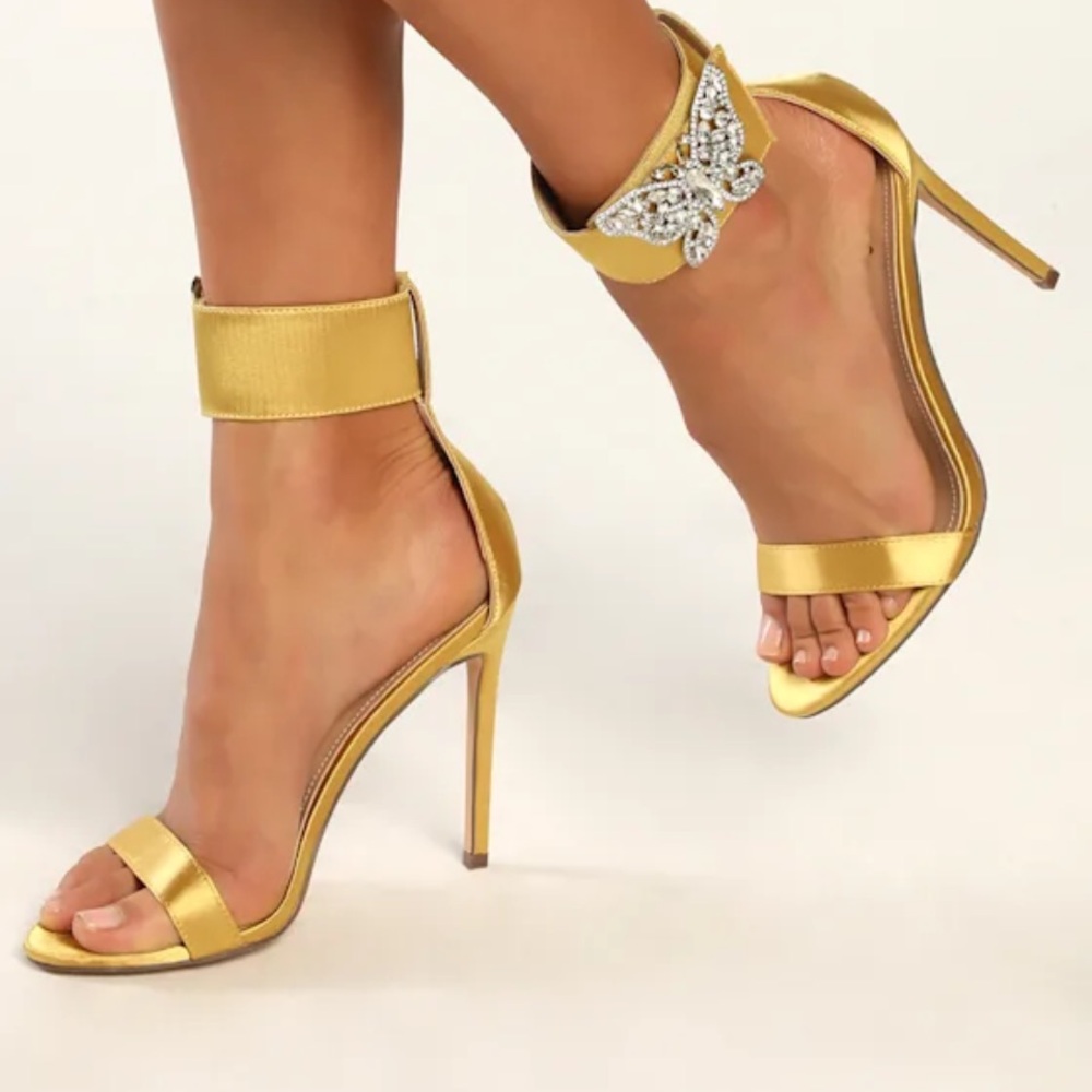 Lulus Mariahh Pear Satin Rhinestone Butterfly Ankle Strap Heels size 6.5 - Picture 2 of 7